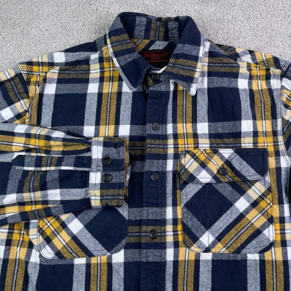 Five Brother Shirt Men Medium Blue Yellow Plaid Heavy Flannel Button Up Workwear